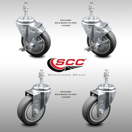 Service Caster 4 Inch SS Thermoplastic Rubber Swivel 1/2 Inch Threaded Stem Caster Brakes, 2PK SCC-SSTS20S414-TPRB-M1015-2-TLB-2
